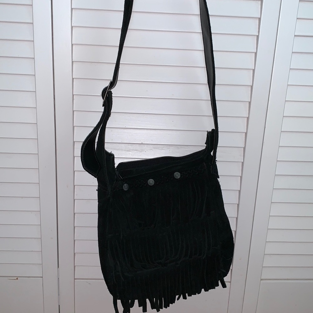Minnetonka Black Leather Fringe Crossbody Bag